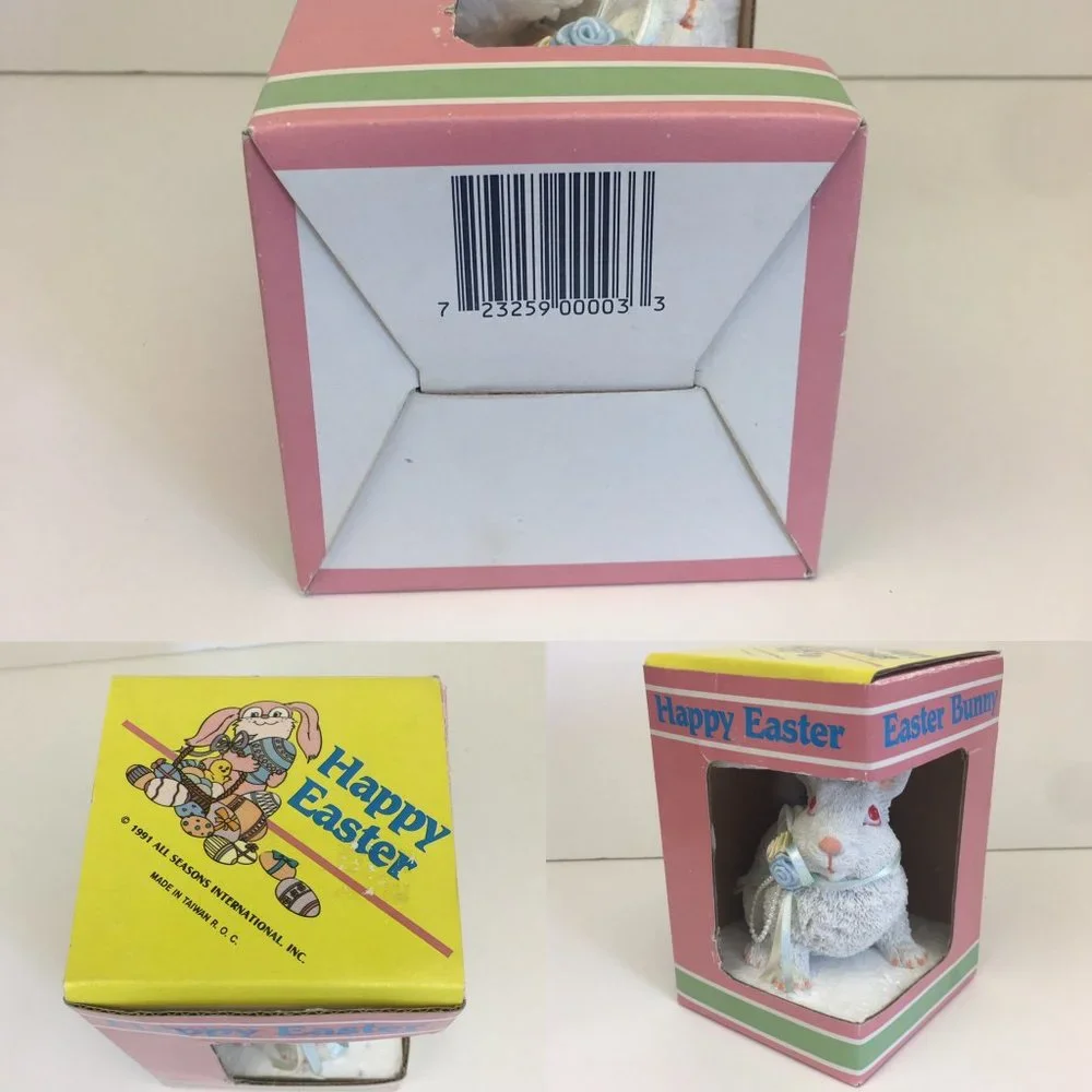 Vtg Easter Bunny Figurine w Floral‎ Ribbon Orig Box
